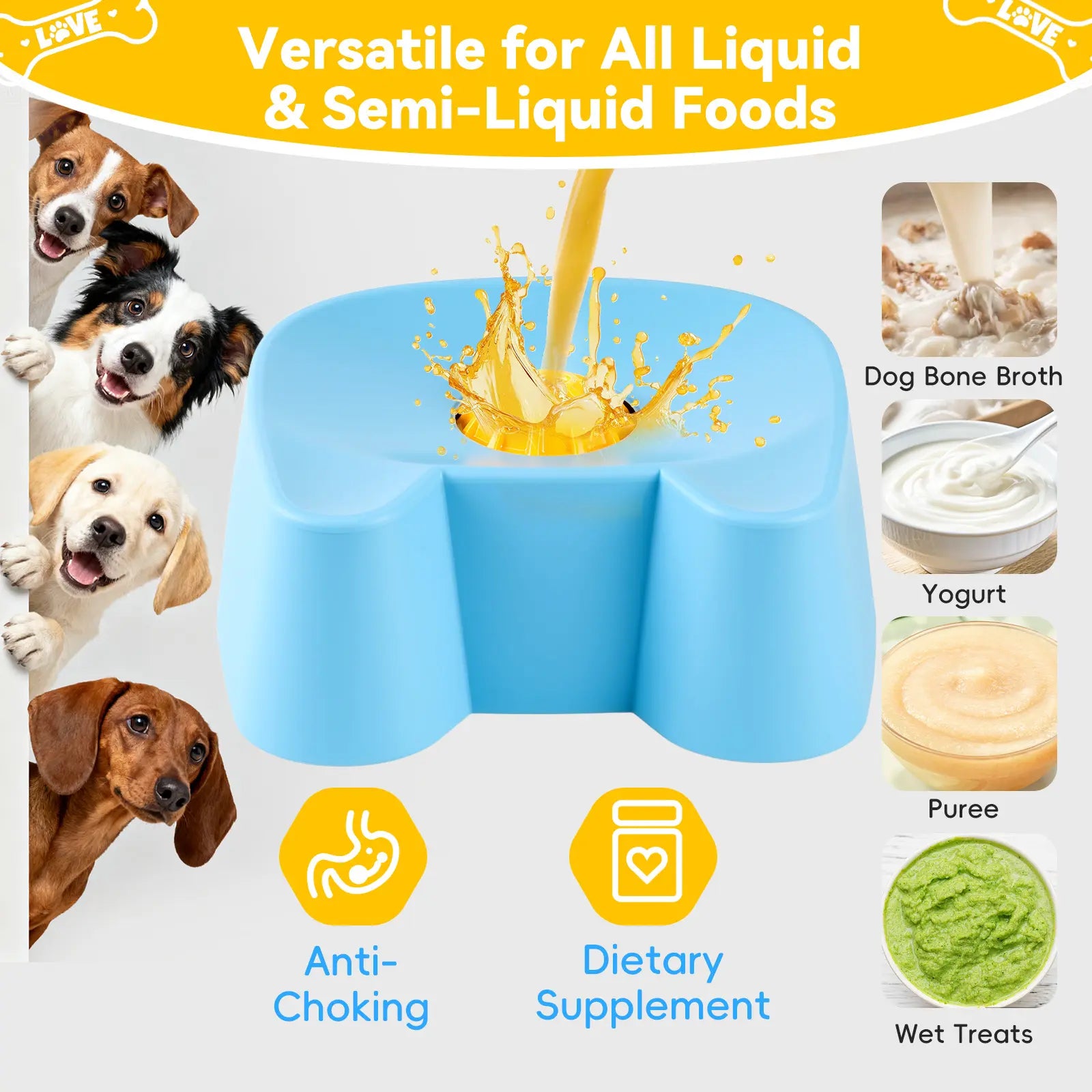 Silicone Slow Feeder Bowls for Dogs - Non-Skid Ball-In Lick Design, 3/4 Cup Capacity Wet Food Feeder, Anxiety Relief Bowl/Dish for Bone Broth & Yogurt, Interactive for Small-Large Dogs (Blue) - Mid Year Sale Tiktok Shop Midyeardeals